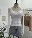 Wind Belt Chest Mat Lace Splicing Mesh Yarn Long-Sleeved T-Shirt Short Slim Top