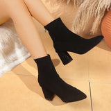 Skinny Women's Shoes Coarse Heel Chelsea Short Boots 2025 New Autumn And Winter Pointed Velvet High-Heeled Women's Short