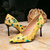 Women's High-Heeled Shoes Women's Fashion Yellow Print Simple Pointed Fine Heel High Heel Single Shoes