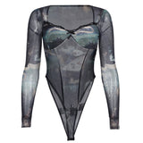 Retro Print Lace Splicing Pure Desire Mesh Perspective Long-Sleeved Conjoined