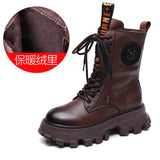 Layer Of Cowhide Martin Boots Autumn And Winter Plus Velvet Warm New Pine Cake Bottom Zipper Locomotive