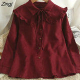Lace Up Corduroy Shirt Women Korean Style Turn-down Collar Long Sleeve Blouses Spring Autumn Elegant Office Ladies