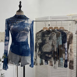 Want To Play The Bottom Of The Long-Sleeved T-Shirt Design Hollow Print Irregular Mesh Yarn Personality Hottie Top