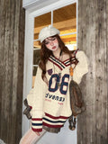 Brown V-neck Letter Print Oversize Sweater- Outfit