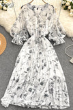 Red/Brown/White Printed Pleated Chiffon Dress Autumn Elegant V-Neck Flare Long Sleeve High Waist Draped Midi Vestido