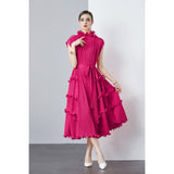 Zingj Ear Draw Pleattie Irregular Hem Belt Fold Long Dress Female Commuting Foreign Style Stand Collar