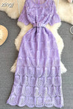 Women Vintage Purple/Red/White Hollow Lace Party Maxi Dress Female Elegant Round Neck Short Sleeve Slim Robe New