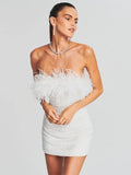 High-End Cross-Border Women's Sexy Bareback Ostrich Hairy Twilight Dress Temperament