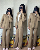 Angolan Red Sweater Set Zipper Jacket + Wide Leg Trousers Knitted Casual Women's