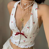 Zingj Women's Wear 2024 Summer New Fashion Temperament Sexy V Neck Neck Cherry Print Flowers And Trees Ear