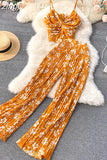 Women Sexy Printed Two Piece Set Beach Female Strap Camis Tops + Draped Wide Leg Pants Black/Red/Blue/Yellow Suits