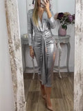 Women's Autumn And Winter Sexy V-Neck Dress Solid Hot Gold Tight-Body Ass