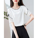 A Bow Round-Neck Short-Sleeved Chiffon Sleek Sleek Shirt For Women's New Elegant Oceanic Career In Summer
