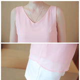 Summer Korean Women Tops Chiffon Blouses for Women V-neck White Top Woman Sleeveless Shirt Tops Woman Solid Pink Blouse