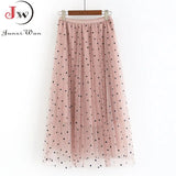 Layers Mesh Sweet Dot Pleated Skirt Women Solid Elastic Waist Spring Summer Elegant Office Ladies Long Skirts Casual