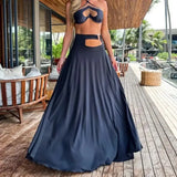Sexy Solid Three Piece Bikini Set Padded Bra Tassel High Waist Beach Skirt Swimwear Summer Beach Holiday Bathing