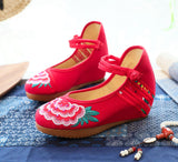 Zingj Heels Single Shoes Beef Tendon Bottom Spring And Autumn Style A Word Buckle Buckle Embroidered Cloth Shoes Slope Heel Women's