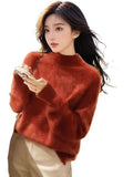 Sweater Women In Autumn And Winter Under The Bottom Of The Blouse Lazy Style Design Sense Retro Half-High Collar Red