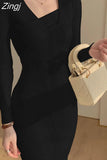 Women Wrap Slim Bodycon Dress Diagonal Collar Long Sleeve Sheath Knitwear Office Midi Dresses Female Autumn Winter