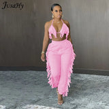 Y2K Tassel Women's Two Piece Sets Summer Halter Backless Crop Top And Pants Matching Sets Solid Slim Casual