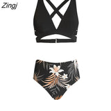 Cross Back & Floral Print High Waist Bikini Set For Women V-neck Two Pieces Swimsuit 2023 Beach Swimwear Bathing
