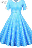 Women Summer Dress Slim Short Sleeve Polka Dot Print High Waist Vintage Elegant Office Party Midi Sundress