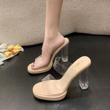 Summer Large-Size Transparent Crystal High-Heeled Shoes Women's New Water Drill Outside Wearing Cool Slippers Pu Net