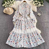 Retro Court Wind Hollow Lace Splicing Lantern Sleeve Collection Waist Single Buckle Print Dress 2025 Spring