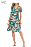 Women Summer Chiffon Midi Dress 2023 Floral Print V Neck Puff Short Sleeve A-Line Elegant Vintage Boho Beach