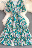 Bohemian Women Floral Printed Midi Dress Elegant V-Neck Short Sleeve High Waist Draped Slim Big Swing Vestidos Female