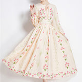 Temperament Long Sleeve Positioning Print Waist Swing Dress Female Senior Sense Thin Retro Long