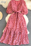 Summer Vintage Women V-Neck Puff Sleeve Hollow Out Lace Long Dress Elegant V-Neck High Waist A-Line Maxi Party