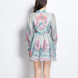 Retro Elegant Suit Collar Long Sleeves With Waist Print Dress Women's Thin Temperament Single Buckle A