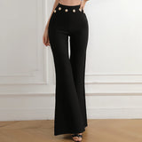 2022 New Summer Women Bandage Pants Sexy Fashion Party Bodycon Trousers High Waist Gold Buttons Solid Female Flare