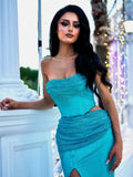 Blue Rhinestone Crop Corset And Maxi Slit Skirt Set- Outfit