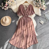 Summer New Temperament V-Neck Elasticity To Collect The Waist Of The Long Seaside Vacation Beach Chiffon Dress
