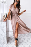 Short Sleeve V Neck Bohemian Long dress Women Polka Dot Print Casual Split Beach Maxi Sundress