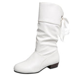 Autumn And Winter Large-Size Knight Boots Low And Round Head After The Tie With Warm Mid-Sleet Boots