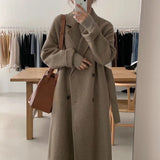 Chic Autumn And Winter Simple Temperament Collar Double Buckle Strap Loose Long-Term Warm Coat