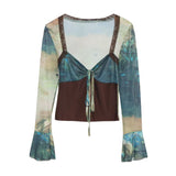 Spring Dress French Court Style Lace Lace Spliced Printed Horn Long-Sleeved T-Shirt