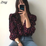 Women Vintage Printed V-neck Sexy Korean Style Top Sweet Lantern Sleeve Retro Chic All-match Spring Autumn Single