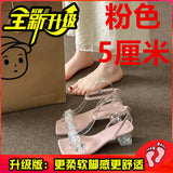 Head French Sandals Women 2025 New Fashion Water Drill With Silver Coarse-Heeled Crystal High Heels Women