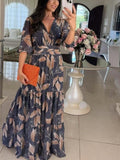 Women's Summer New V-Neck Fashion Elegant Print Long Dress Dress