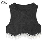 Women High Street Sexy Hem Tassel Diamond Beading Knitting T Shirt Chic Short Camis Tank Lady Slim Crop Vest Tops