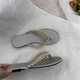 Pearl Leather Flat-Bottomed Flip-Flops Women Wear The New Summer 2025 Summer New Trendy Beach Feet Cool