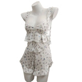 Fraiding Splicing Simulation Silk Sling Shorts Pajamas Set Idyllic Spring And Autumn Pure Thin Home Clothes