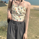 Floral Camisole Women Summer New Korean Slim Basic Tops Fashion Y2k Cropped Sexy Casual All-match Vacation Tender