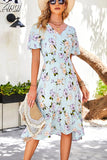 Ladies Summer Dress Women Casual Short Sleeve Ruffles Floral Print Holiday Style Chic Long Dress Beach Chiffon