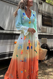 Women's V-Neck Dress Print Tamped Tannesor Long Sleeves