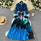 Elegant Dress Women Fashion Nail Ball Collar Hollow Pressure Folding Lantern Sleeves To Print Long